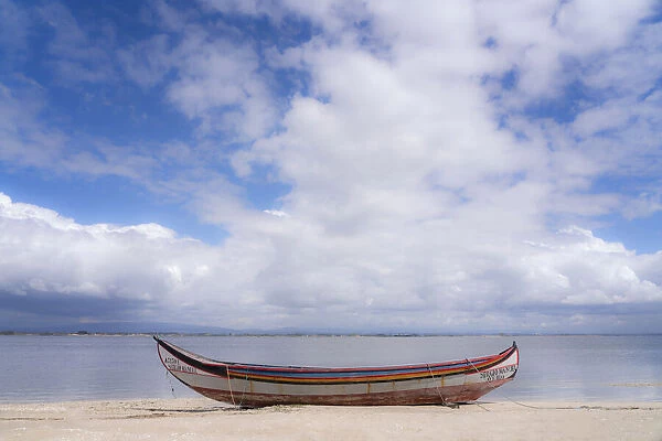 Europe, Portugal, Torreira. Traditional fishing boat on beach