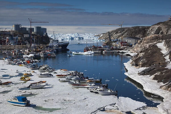 Greenland, Disko Bay, Ilulissat, town harbor, elevated view