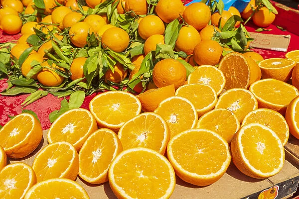 Italy, Apulia, Metropolitan City of Bari, Locorotondo. Oranges for sale in an outdoor