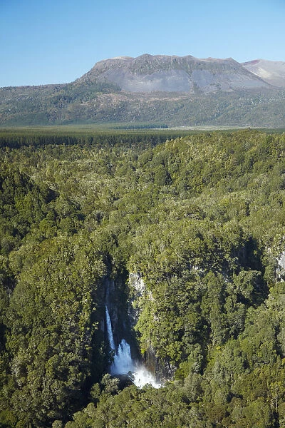 Tarawera Falls on Tarawera River, and Mount Tarawera Volcano, near Rotorua, North Island