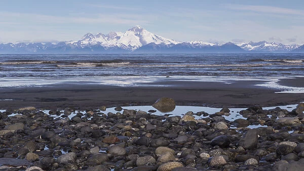USA, Alaska, Kenai Peninsula. Seascape with Mount Redoubt and beach