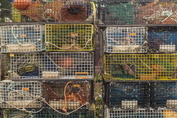 USA, Maine, Mt. Desert Island, Bernard. Lobster traps