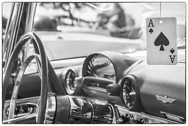 USA, Massachusetts, Cape Ann, Gloucester. Antique car interior and ace of spades card