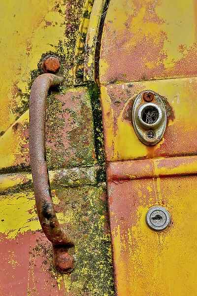 USA, Oregon, Tillamook. Close-up of old and rusted truck door handle