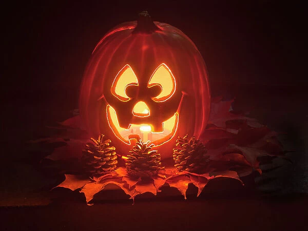 USA, Washington State. Smiling Jack O Lantern face on Pumpkin at Halloween