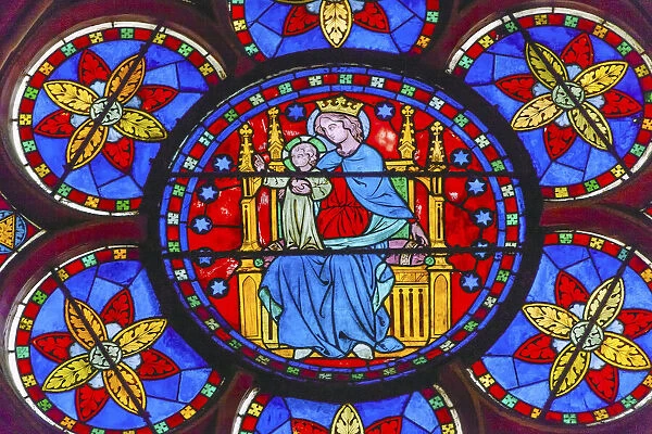 Virgin Mary, Jesus Christ stained glass, Notre Dame Cathedral, Paris, France