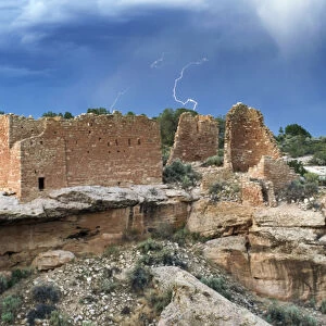Lightning in the sky above Hovenweep Castle, Hovenweep National Monument, Utah, USA