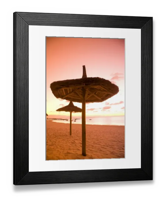 Framed Print : Palapa style beach huts at sunrise, Belle Mare Public Beach, Southeast Mauritius, Africa