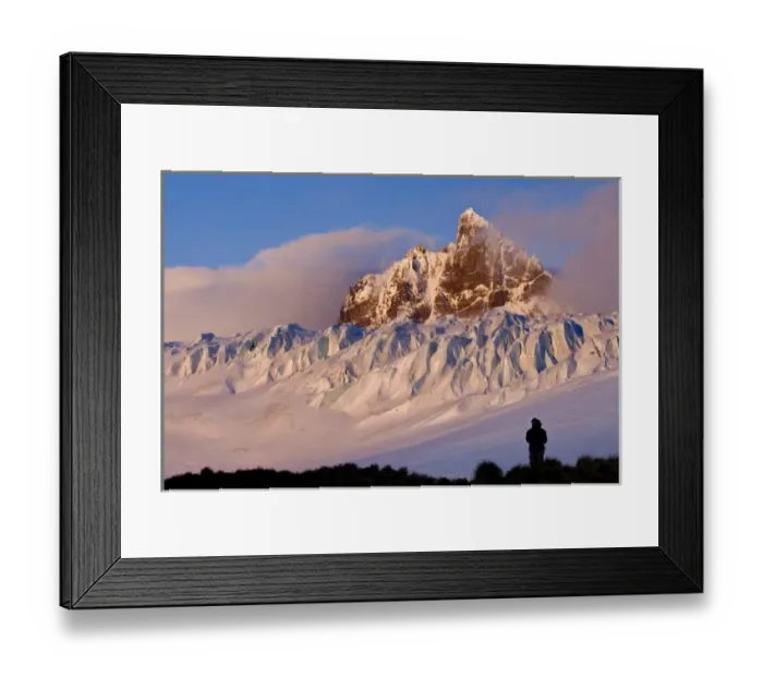 Framed Print : United Kingdom Territory, South Georgia Island, Trollhul. Hiker looks at Graae Glacier Framed Print : United Kingdom Territory, South Georgia Island, Trollhul. Hiker looks at Graae Glacier