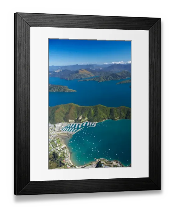 Framed Print : Waikawa Bay, Marlborough Sounds, South Island, New Zealand - aerial Framed Print : Waikawa Bay, Marlborough Sounds, South Island, New Zealand - aerial