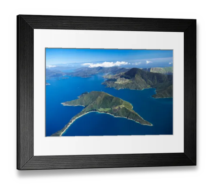 Framed Print : Maude Island, Marlborough Sounds, South Island, New Zealand - aerial