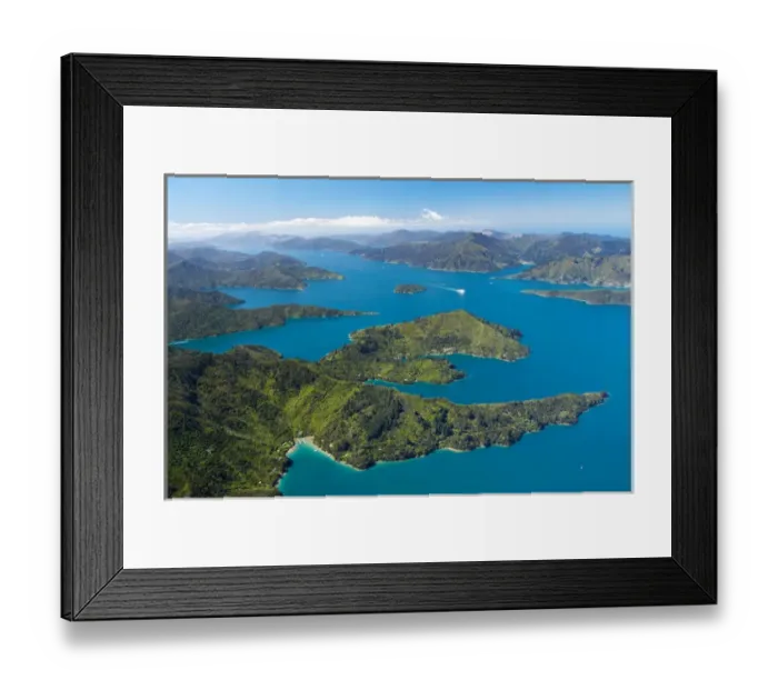 Framed Print : Lochmara Bay (bottom), Double Bay (right), Torea Bay (left) and Queen Charlotte Sound