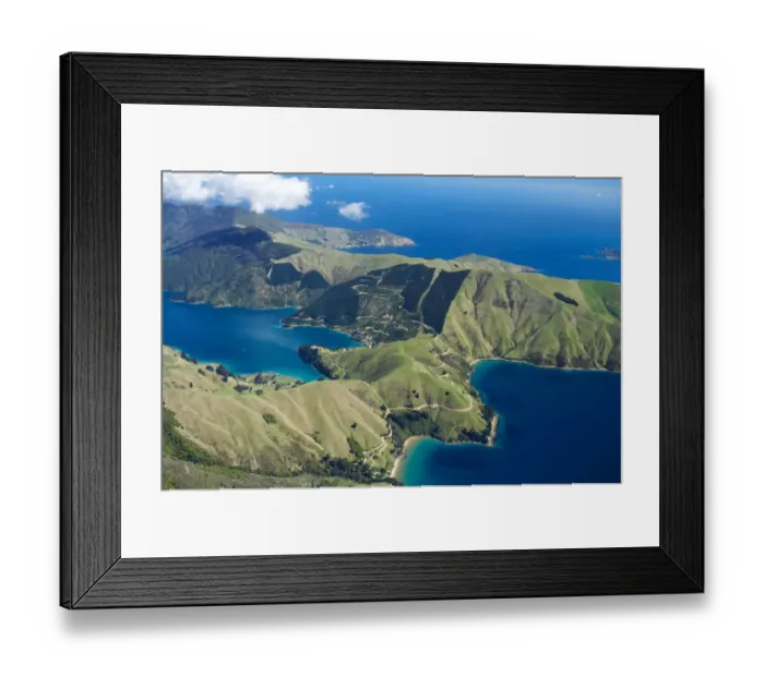 Framed Print : Cissy and Te Towaka Bays (left) and Elsie and Hamilton Bays (right), Marlborough Sounds
