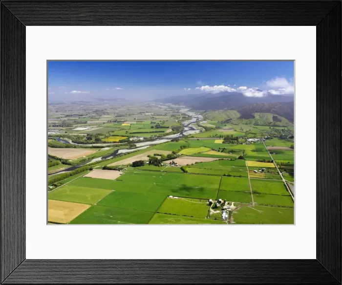 Framed Print : Farmland and Wairau River, Marlborough, South Island, New Zealand - aerial Framed Print : Farmland and Wairau River, Marlborough, South Island, New Zealand - aerial