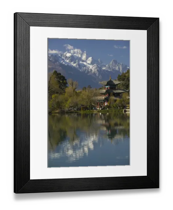 Framed Print : CHINA, Yunnan Province, Lijiang. Lijiang Old Town, Black Dragon Pool Park View towards Framed Print : CHINA, Yunnan Province, Lijiang. Lijiang Old Town, Black Dragon Pool Park View towards