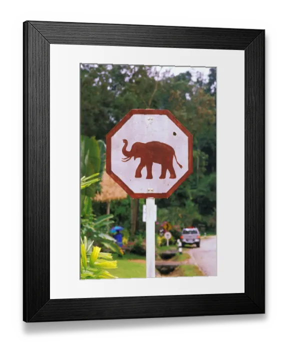 Framed Print : Asia, Thailand, Lampang. Elephant Conservation Center, elephant crossing sign Framed Print : Asia, Thailand, Lampang. Elephant Conservation Center, elephant crossing sign