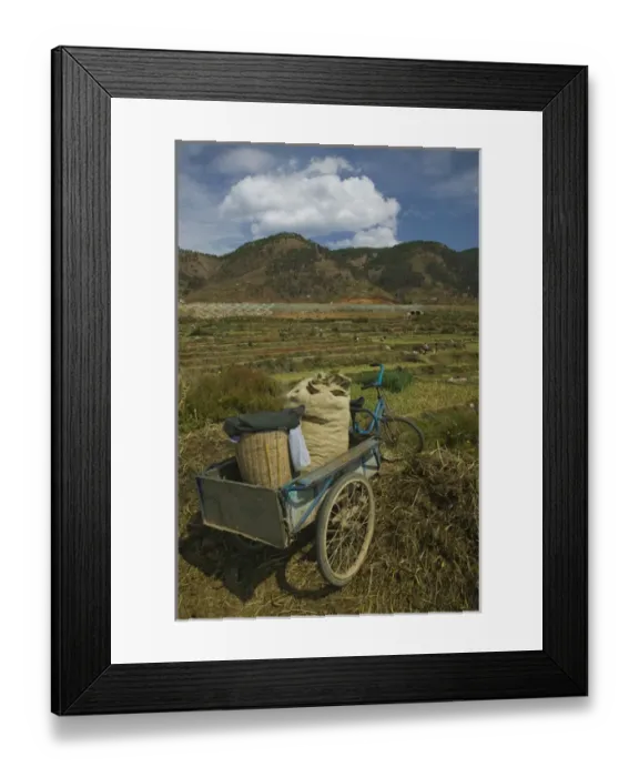 Framed Print : CHINA, Yunnan Province, Jangwei. View of town fields and farmers bicycles Framed Print : CHINA, Yunnan Province, Jangwei. View of town fields and farmers bicycles
