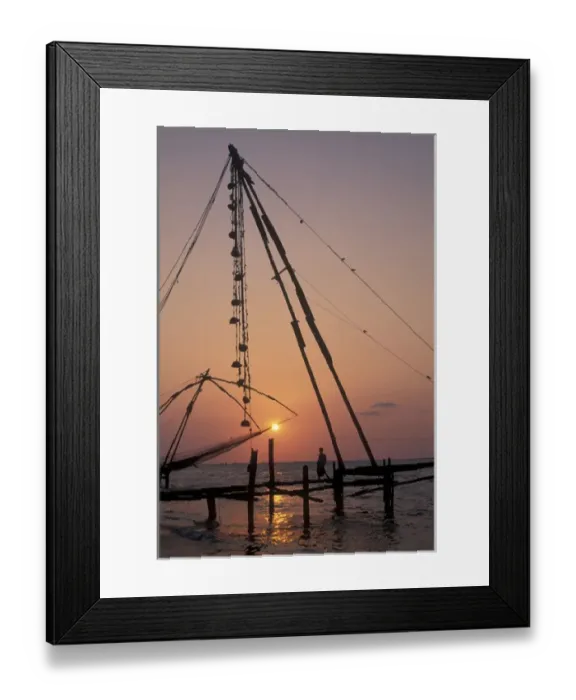 Framed Print : India, Kerala, Cochin, Kochi Port on west coast, sunset at Chinese Fishing Nets