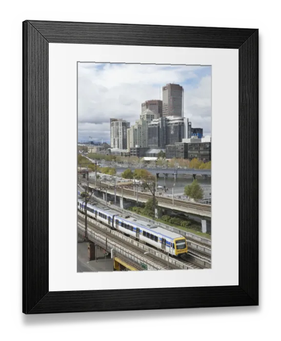Framed Print : Australia, Victoria, Melbourne, Passenger Train, Yarra River and Office Blocks Framed Print : Australia, Victoria, Melbourne, Passenger Train, Yarra River and Office Blocks