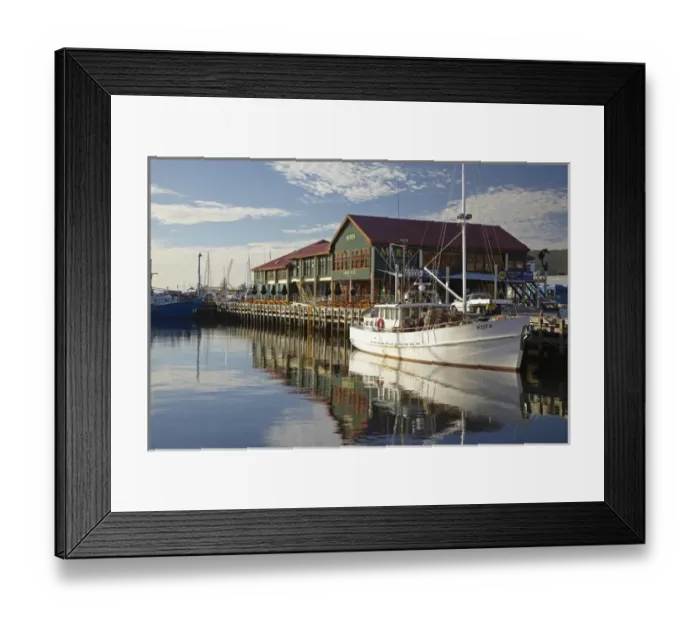 Framed Print : Fishing Boats and Mures Seafood Restaurant, Reflected in Victoria Dock, Hobart, Tasmania Framed Print : Fishing Boats and Mures Seafood Restaurant, Reflected in Victoria Dock, Hobart, Tasmania
