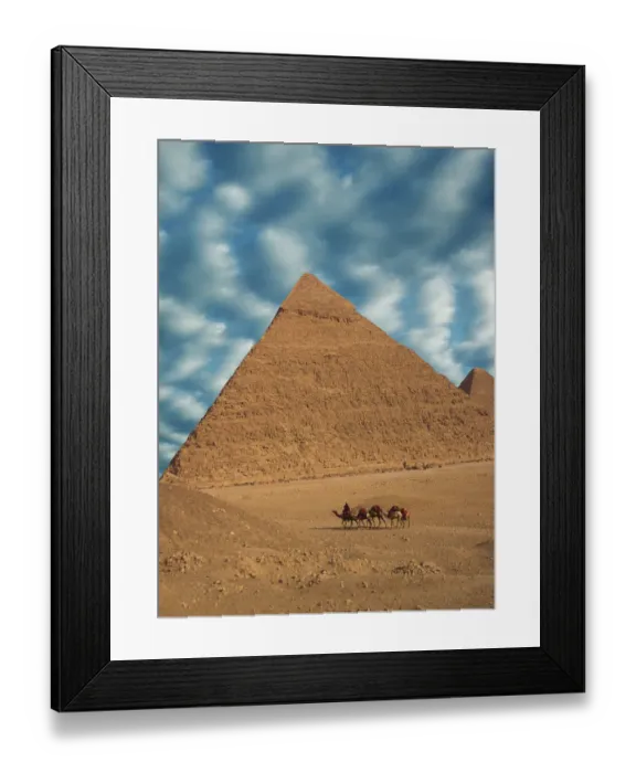 Framed Print : Africa, Egypt, Cairo. Great Pyramids. Man and camels walk past Great Pyramids. Credit as Framed Print : Africa, Egypt, Cairo. Great Pyramids. Man and camels walk past Great Pyramids. Credit as