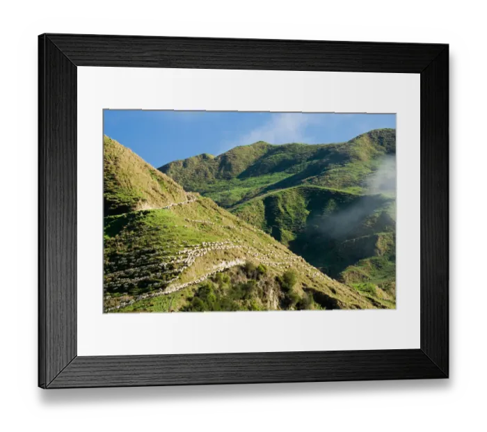 Framed Print : Sheep and Farmland by Mangawhero River, Wanganui - Raetihi Road, near Wanganui, North Island