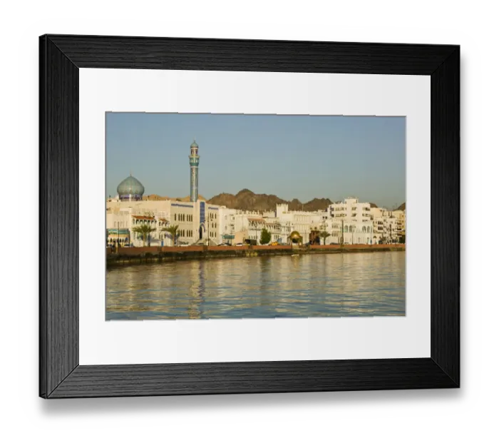 Framed Print : Oman, Muscat, Mutrah. Mutrah Corniche- Buildings aong the Corniche  /  Morning
