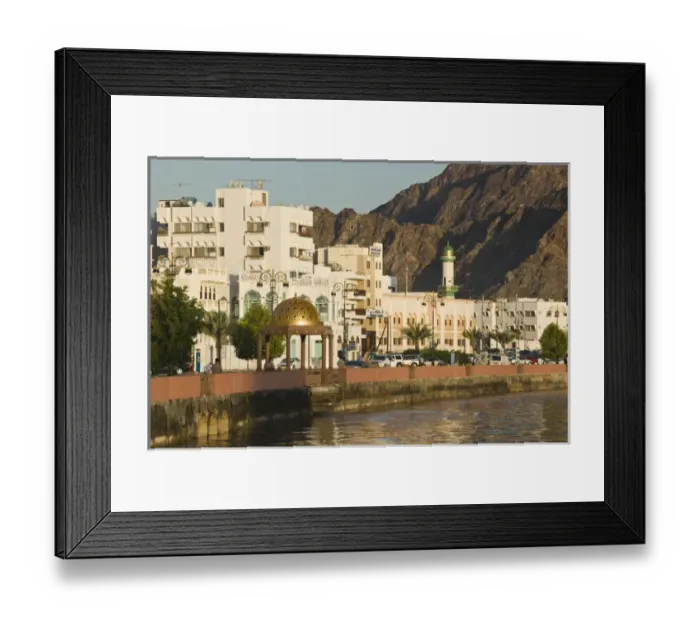 Framed Print : Oman, Muscat, Mutrah. Mutrah Corniche- Buildings aong the Corniche / Morning Framed Print : Oman, Muscat, Mutrah. Mutrah Corniche- Buildings aong the Corniche / Morning