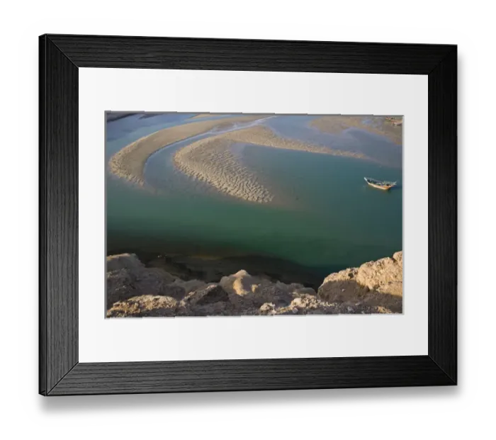 Framed Print : Oman, Sharqiya Region, Sur. Sur Bay Sandbar & Dhow / Morning Framed Print : Oman, Sharqiya Region, Sur. Sur Bay Sandbar & Dhow / Morning