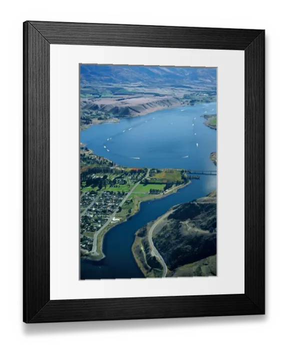 Framed Print : Cromwell & Lake Dunstan (during speed boat race), Central Otago - aerial Framed Print : Cromwell & Lake Dunstan (during speed boat race), Central Otago - aerial