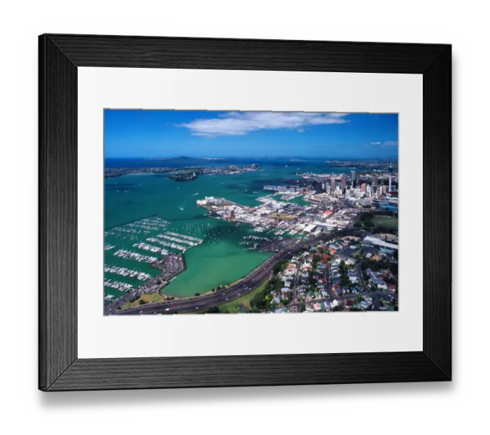Framed Print : Westhaven Marina, Waitemata Harbour, waterfront, motorway and Auckland City - aerial Framed Print : Westhaven Marina, Waitemata Harbour, waterfront, motorway and Auckland City - aerial