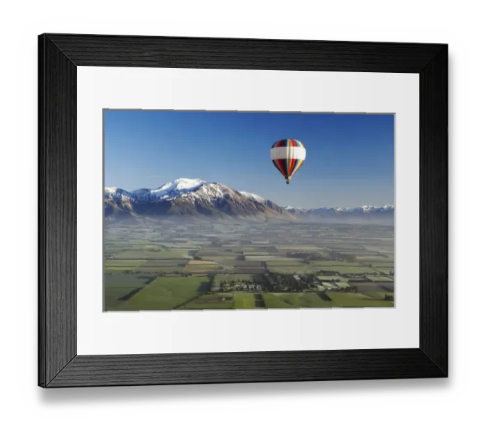 Framed Print : Hot-air Balloon, near Methven, Canterbury Plains, South Island, New Zealand - aerial