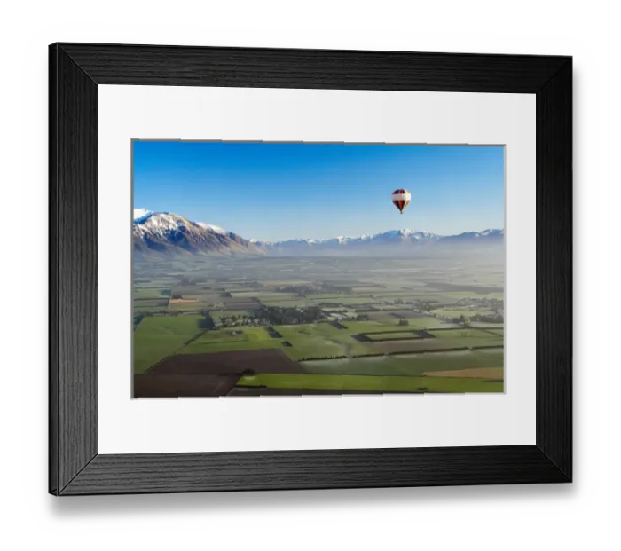 Framed Print : Hot-air Balloon, near Methven, Canterbury Plains, South Island, New Zealand - aerial