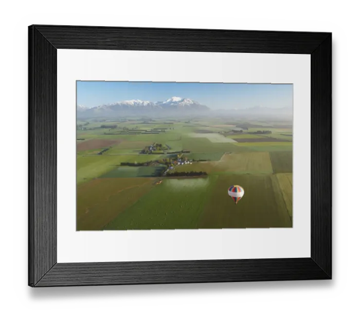 Framed Print : Hot-air Balloon, near Methven, Canterbury Plains, South Island, New Zealand - aerial