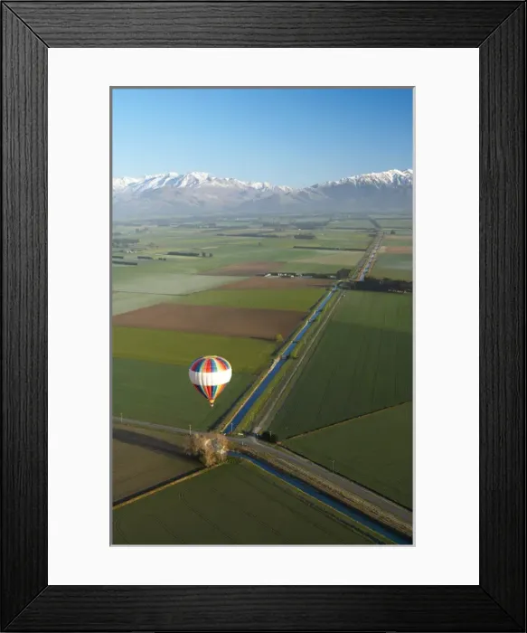 Framed Print : Hot-air Balloon, near Methven, Canterbury Plains, South Island, New Zealand - aerial