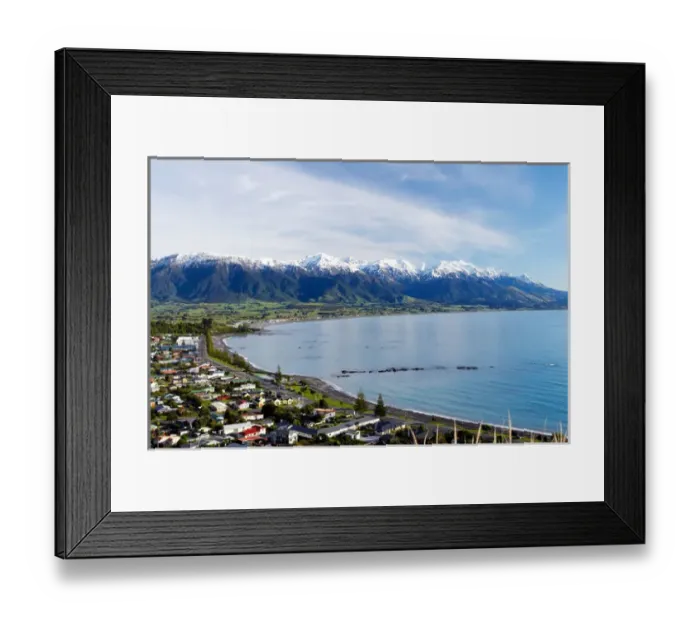 Framed Print : Kaikoura Township and Seaward Kaikoura Ranges, Marlborough, South Island, New Zealand
