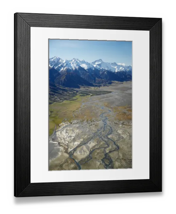 Framed Print : Tasman River and Ben Ohau Range, near Mt Cook, South Canterbury, South Island, New