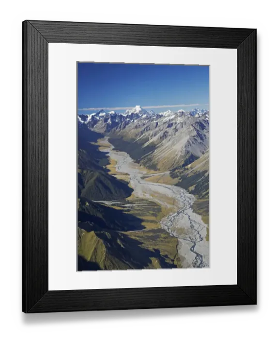 Framed Print : Dobson River and Aoraki  /  Mt Cook, South Island, New Zealand - aerial