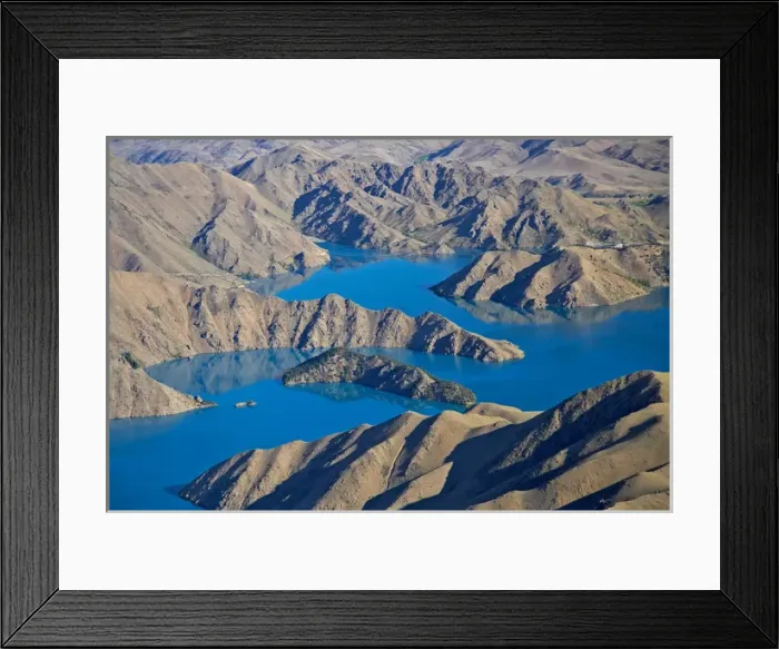 Framed Print : Lake Benmore, Waitaki Valley, North Otago, South Island, New Zealand - aerial
