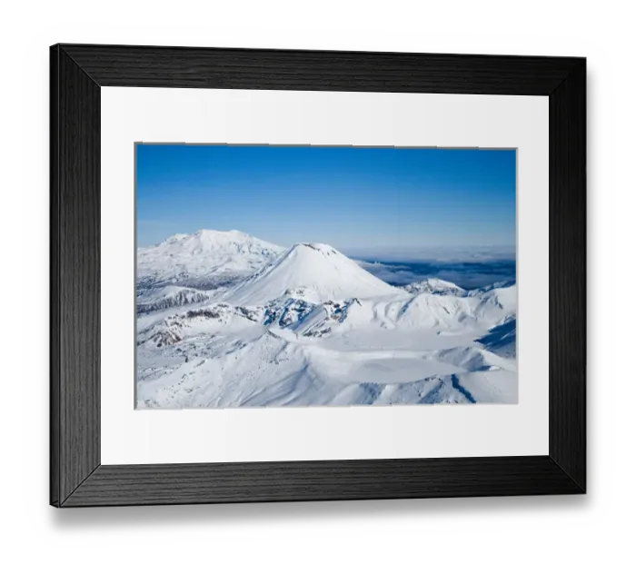Framed Print : Blue Lake (frozen), Mt Tongariro (right), Mt Ngauruhoe (middle), and Mt Ruapehu (far left)
