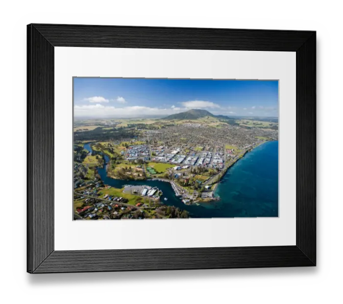 Framed Print : Taupo, Lake Taupo and Waikato River, North Island, New Zealand - aerial Framed Print : Taupo, Lake Taupo and Waikato River, North Island, New Zealand - aerial