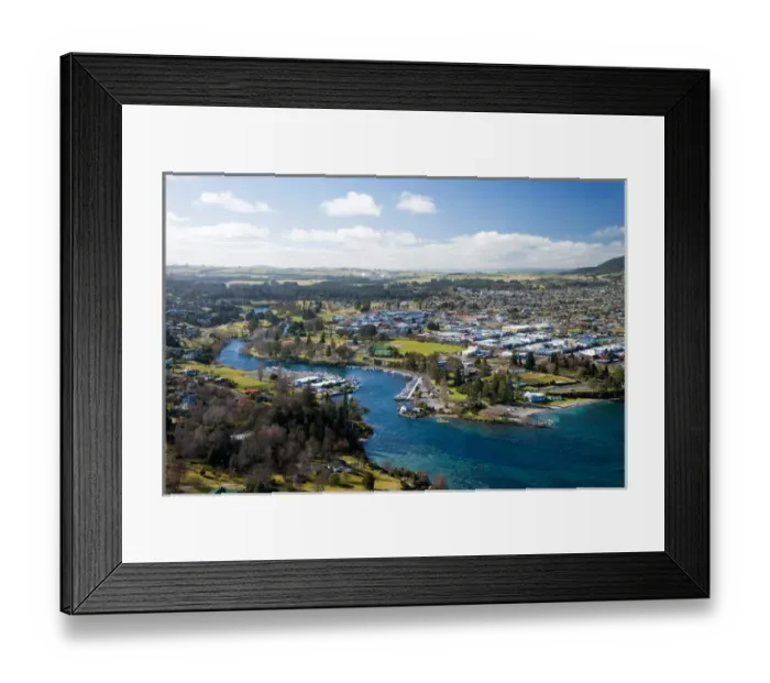 Framed Print : Taupo, Lake Taupo and Waikato River, North Island, New Zealand - aerial