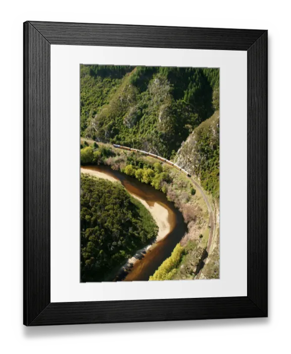 Framed Print : Taieri Gorge Train, Taieri Gorge, near Dunedin - aerial Framed Print : Taieri Gorge Train, Taieri Gorge, near Dunedin - aerial