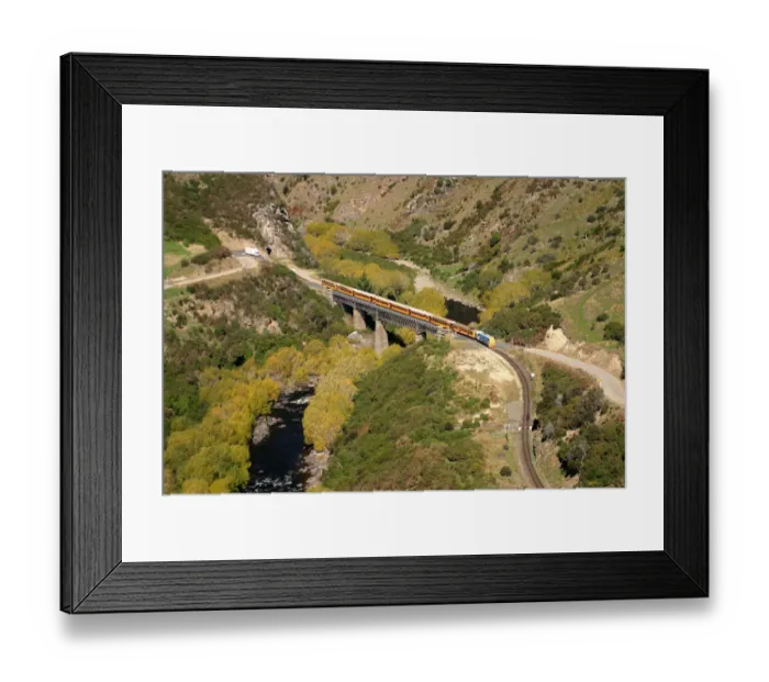 Framed Print : Taieri Gorge Train at Hindon Bridge, Taieri Gorge, near Dunedin - aerial Framed Print : Taieri Gorge Train at Hindon Bridge, Taieri Gorge, near Dunedin - aerial