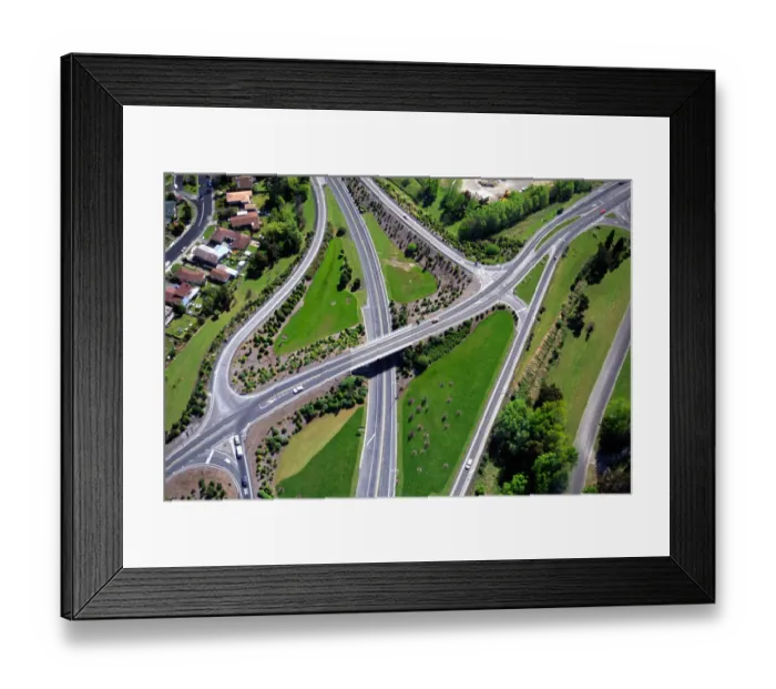 Framed Print : Motorway intersection, Mosgiel, near Dunedin - aerial Framed Print : Motorway intersection, Mosgiel, near Dunedin - aerial