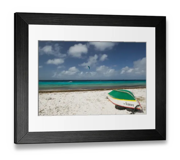 Framed Print : ABC Islands - BONAIRE - Pink Beach: Beach View with Fishing Boat & Kite Surfer Framed Print : ABC Islands - BONAIRE - Pink Beach: Beach View with Fishing Boat & Kite Surfer