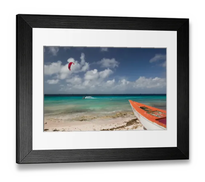 Framed Print : ABC Islands - BONAIRE - Pink Beach: Beach View with Fishing Boat & Kite Surfer Framed Print : ABC Islands - BONAIRE - Pink Beach: Beach View with Fishing Boat & Kite Surfer