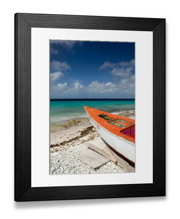 Framed Print : ABC Islands - BONAIRE - Pink Beach: Beach View with Fishing Boat Framed Print : ABC Islands - BONAIRE - Pink Beach: Beach View with Fishing Boat