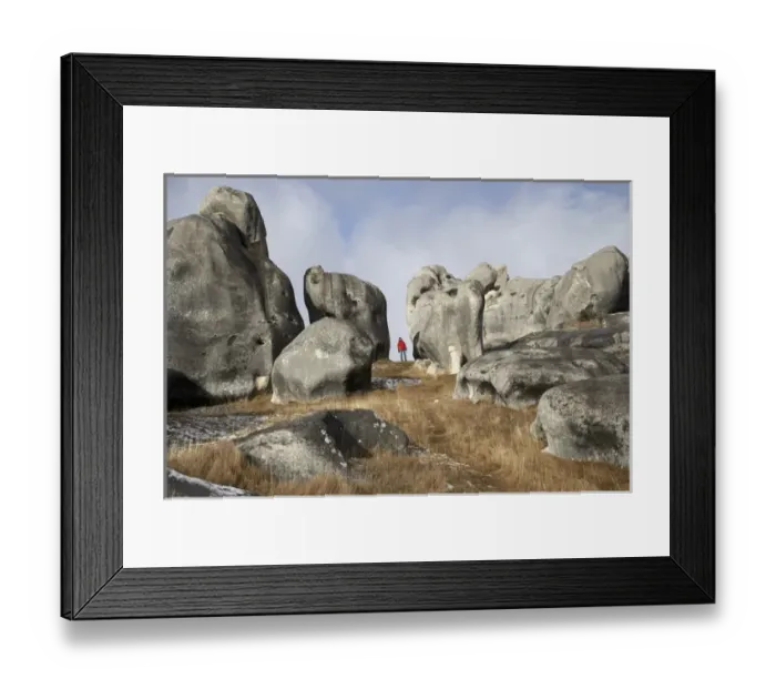 Framed Print : Person and Rock Formations, Castle Hill, Arthurs Pass Road, Canterbury, South Island