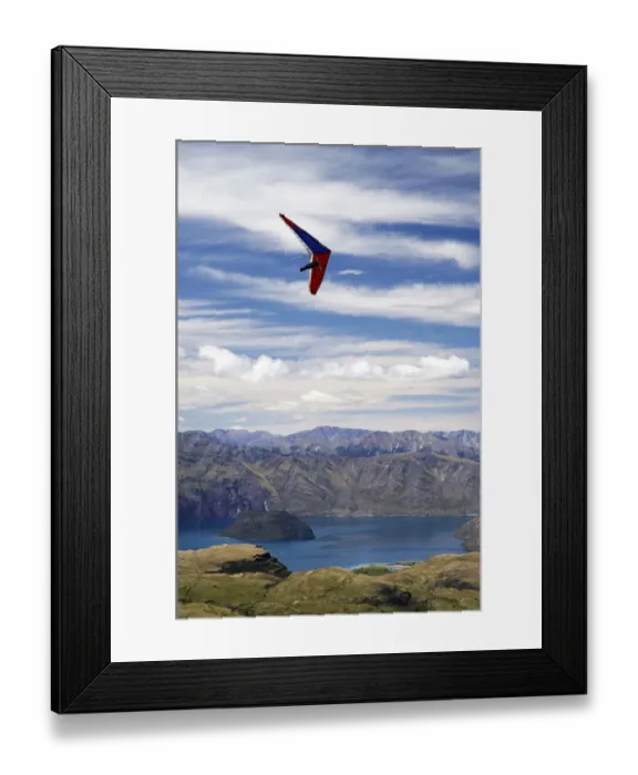 Framed Print : Hang Glider above Lake Wanaka, South Island, New Zealand